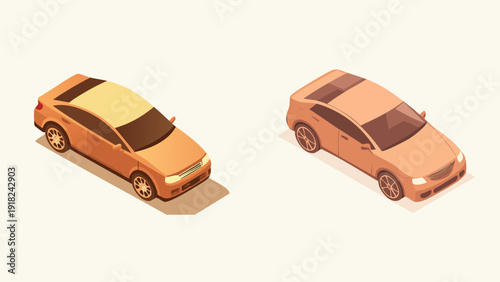 Isometric illustrations of two sleek, modern passenger vehicles, rendered in warm, earthy tones with subtle shadows, ideal for digital design and transport graphics