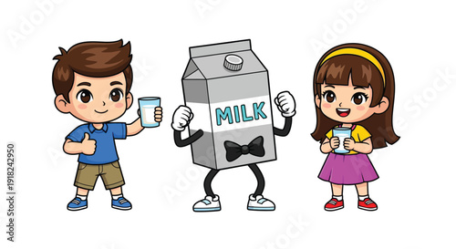 Cartoon illustration of a boy and girl with a milk carton character on a white background with colorful flat design.