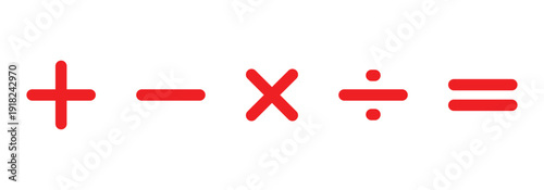 Mathematical plus, minus, multiply, divide and equal icon set vector on white background ideal for calculators, financial applications and educational project work.
