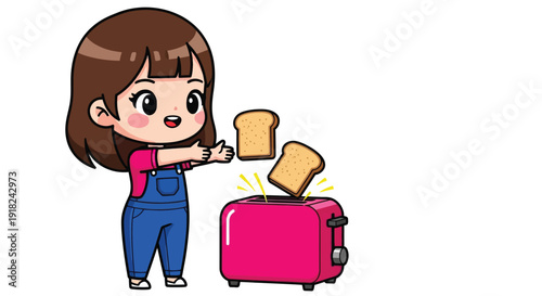 Cartoon girl holding toast popping out of a pink toaster on a white background with a playful mood.