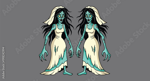 Two zombie brides with blue skin and torn white dresses on a gray background in a cartoon style with a spooky mood.