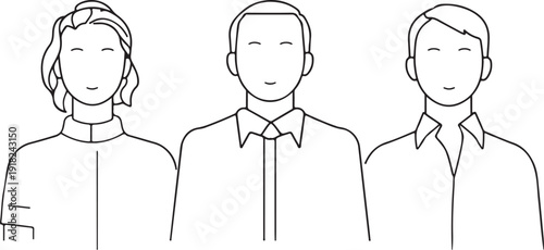 Three people in formal attire standing side by side with neutral expressions