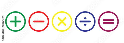 Different colored mathematical plus, minus, multiply, divide and equal sign  in circular frame are used in data manipulation tools and  digital and physical calculators.