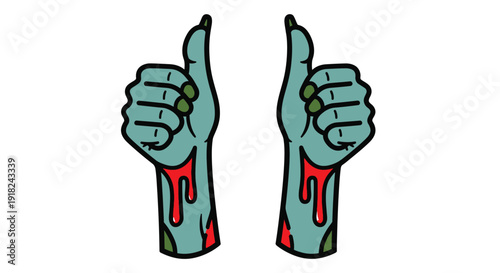 Cartoon illustration of two green zombie hands with red blood giving thumbs up against a white background.