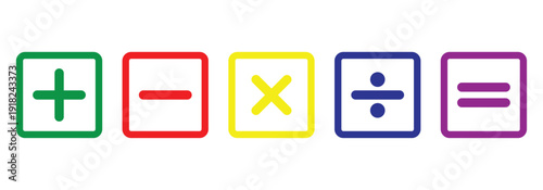 Different colored mathematical plus, minus, multiply, divide and equal symbol set in square frame are used in data manipulation tools and  digital and physical calculators.