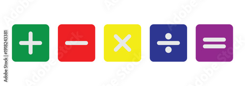 Different colored mathematical plus, minus, multiply, divide and equal symbol set in square frame are used in data manipulation tools and  digital and physical calculators.