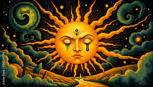 Ominous Crying Sun Over Earth as a Harbinger of Doom, Psychedelic, Premonition, Sun with a Tear