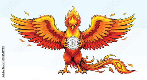 A vibrant phoenix bird with fiery plumage and outstretched wings holds a silver medallion against a clean white background with warm, golden tones.