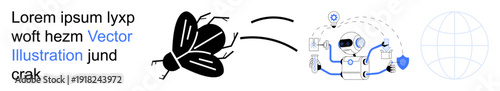 Technology evolution, AI development, digital transformation, information flow, cybersecurity, global connection. Insect transferring data to an AI network with security icons. Technology evolution