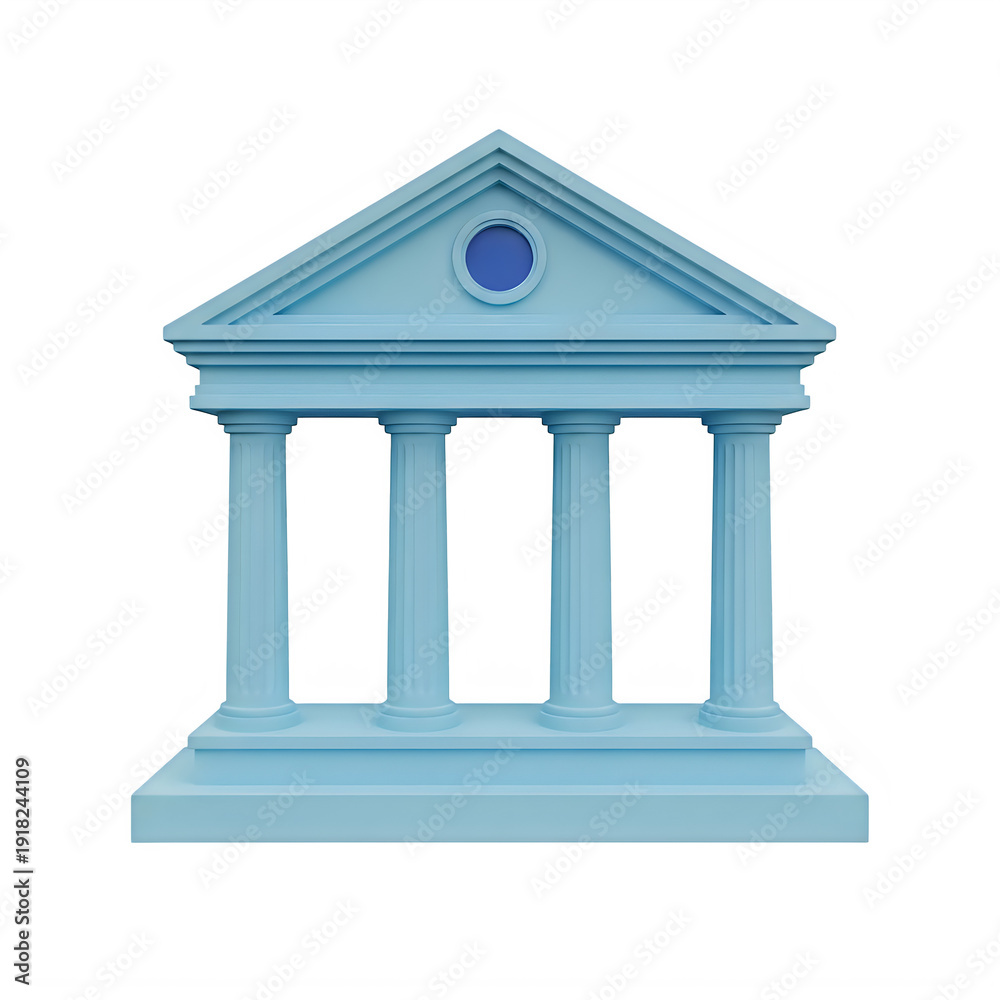 Fototapeta premium A blue building with columns and a triangular roof isolated on transparent background