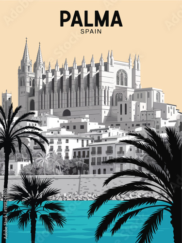 PALMA Poster: Retro Travel Poster Style Highlighting Iconic La Seu Cathedral with Distinctive Gothic Details in Black and White