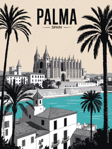 PALMA Poster: Large Black Text with Spain Below Featuring La Seu Cathedral in Black and White with Gothic Architecture