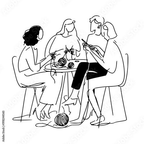 Women Knitting Together at Table