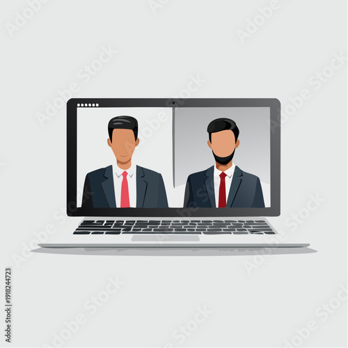 Minimal Monochrome Vector of Two Professionals in Video Call on Laptop Screen