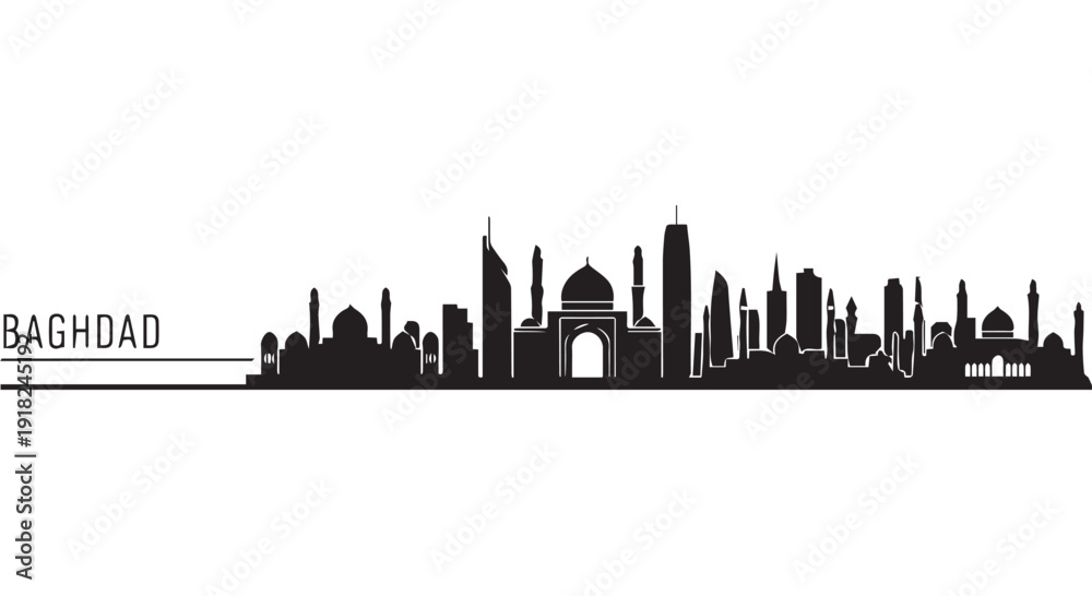 Naklejka premium Black silhouette of Baghdad city skyline with mosque and minarets on Transparent Background, Iraq landscape