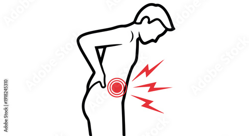 Illustration of a person experiencing lower back pain with red target symbol and lightning bolts on Transparent Background.