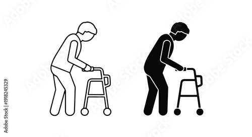 Line art illustration of elderly people using walkers in black and white on a plain background.