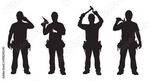Silhouetted men in various poses holding tools, possibly construction or repair workers, against a Transparent Background.