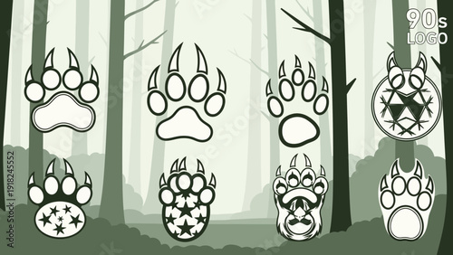 Stylized bear paw prints in various designs conceptual forest setting