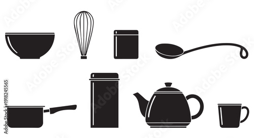 Collection of kitchen utensils and cookware in black silhouette on Transparent Background for cooking and recipe design