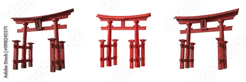 Fotografie Set of traditional red Japanese torii gate structures for Shinto shrines isolate