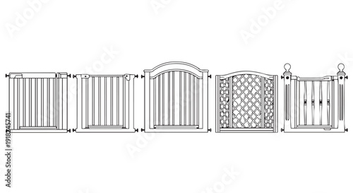 Detailed architectural drawings of various fence designs and patterns, including vertical, arched, and latticework styles for construction and decoration purposes.