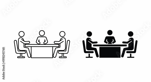Black and white illustration of people sitting at a desk in two different styles on a white background.
