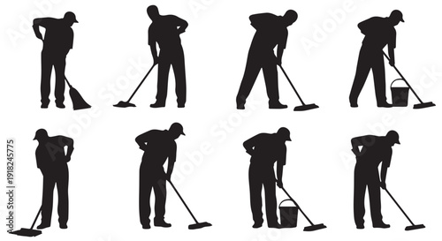 Set of eight silhouettes showing various cleaning actions and postures with brooms and mops on Transparent Background.