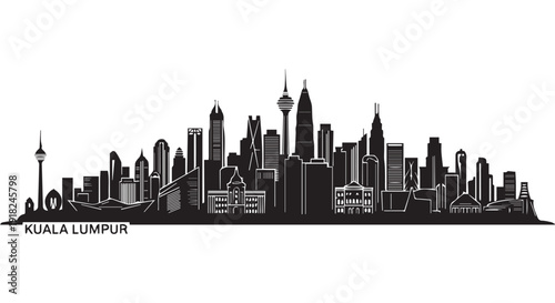 Detailed black and white illustration of Kuala Lumpur city skyline with iconic buildings and skyscrapers, Malaysia urban landscape.
