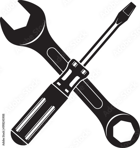 Black silhouette of a crossed wrench and screwdriver on a white background also transparent background 2
