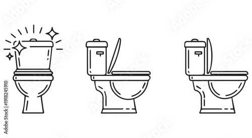 Three stages of a toilet flushing process illustrated in line art, showing toilet before, during, and after flushing.