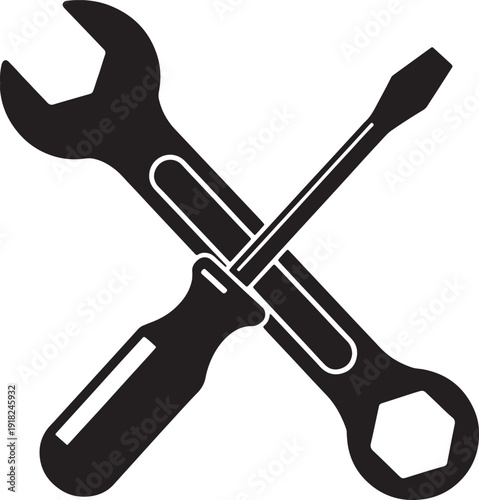 Black silhouette of a crossed wrench and screwdriver on a white background also transparent background