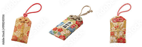 Set of traditional Japanese omamori amulets for good luck and protection isolated on white background