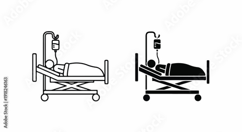Line art illustration of two hospital beds with patients one in white and the other in black on a white background.