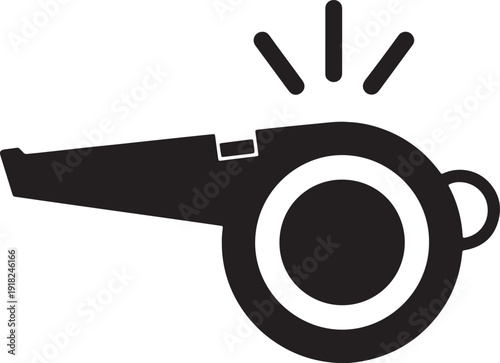 Black silhouette of a whistle with sound waves emanating from it on a white background also transparent background