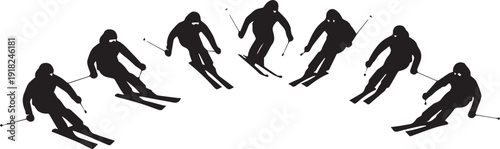 A series of black silhouettes of a skier in various positions on a Transparent Background, showcasing dynamic movement and action in skiing.