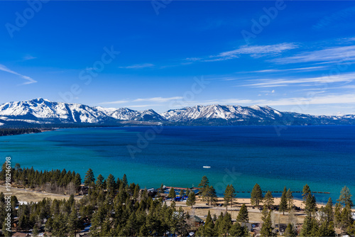 South Lake Tahoe, CA, USA - 02-15-2026  Aerial View of South Lake Tahoe, California / Stateline, Nevada on a winter afternoon.  
