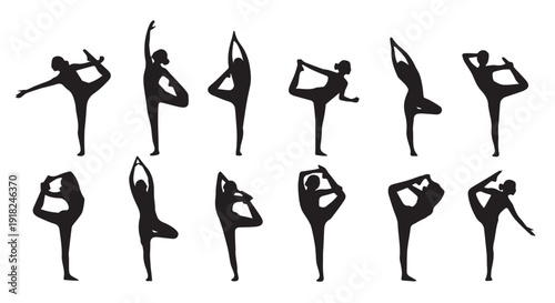 Collection of diverse yoga poses in silhouette, showcasing various balancing and stretching exercises for flexibility and mindfulness.