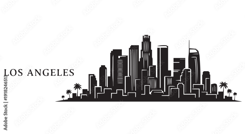 Obraz premium Black and white illustration of Los Angeles city skyline with palm trees, California, urban landscape