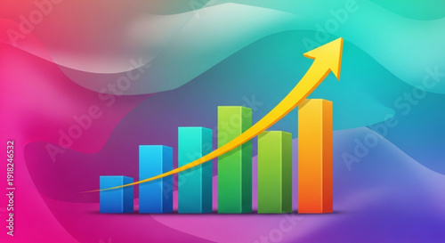Vibrant bar chart with rising yellow arrow on colorful gradient background symbolizing business growth and success