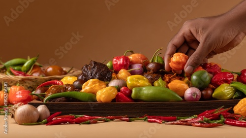 Vibrant Assortment of Colorful Fresh Vegetables and Spices on a Wooden Table with Hand Reaching for Ingredients Against a Neutral Background