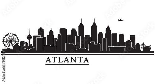 Atlanta city skyline illustration with iconic landmarks and ferris wheel in black and white, symbolizing urban landscape and tourism.