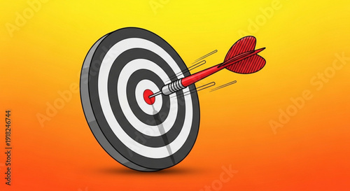 Red dart hitting the center of a black and white target on a vibrant orange and yellow gradient background symbolizing precision and success