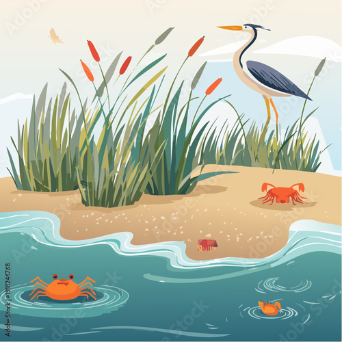 Graceful Heron and Playful Crabs Amidst Lush Reeds on a Sunny Coastal Shoreline with Gentle Waves