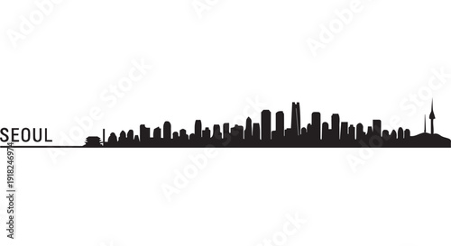 Black silhouette of Seoul city skyline with modern skyscrapers and towers against a Transparent Background, urban landscape.