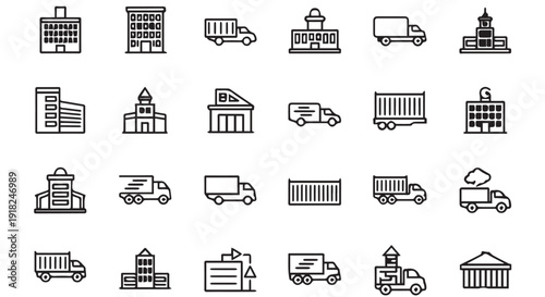 Collection of black line icons depicting various industrial and transportation related symbols, including trucks, buildings, and shipping containers.