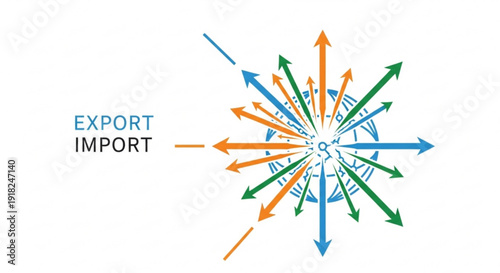 International trade concept with colorful arrows representing export and import on white background