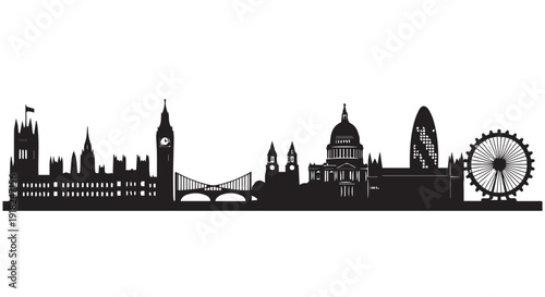 Black silhouette of London city skyline with iconic landmarks and Ferris wheel at sunset, England, UK, travel and tourism concept