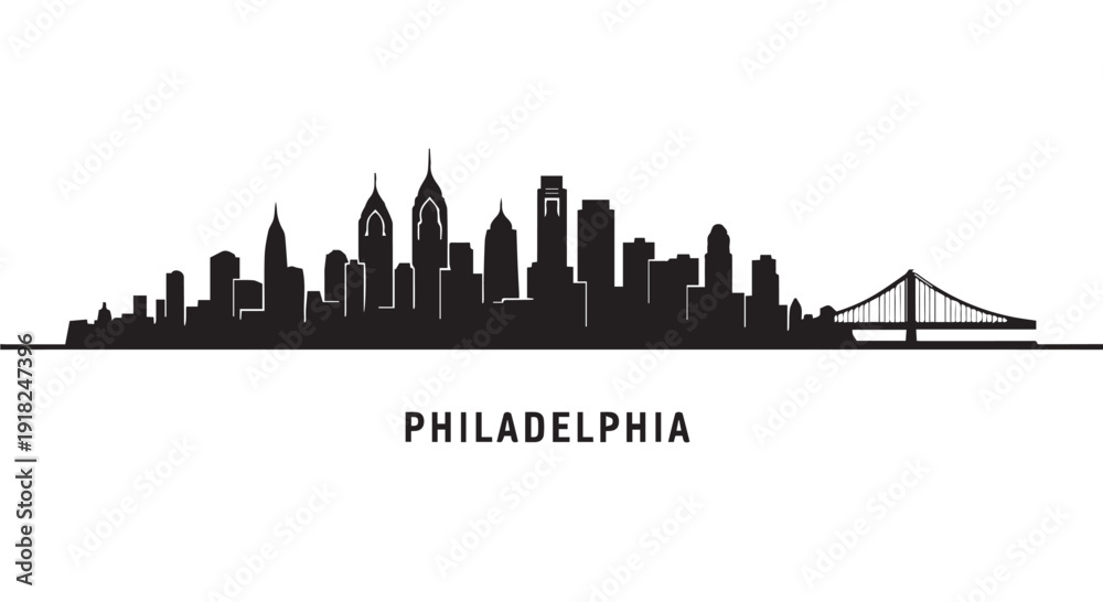 Fototapeta premium Philadelphia city skyline silhouette with bridge illustration, Pennsylvania urban landscape, USA cityscape graphic design element.
