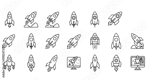 Collection of simple black and white line art rocket ship illustrations in various poses and stages of launch on a clean Transparent Background.